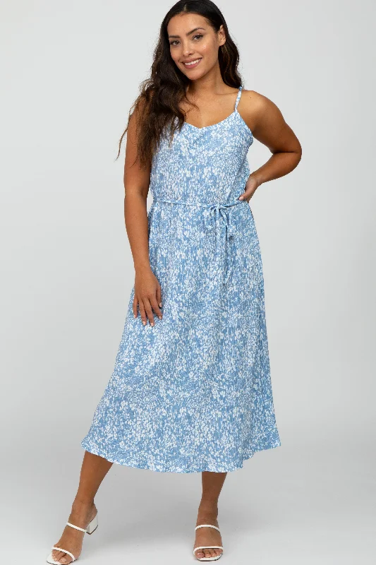 Women's midi dress spin glow -Blue Floral Pleated Midi Dress