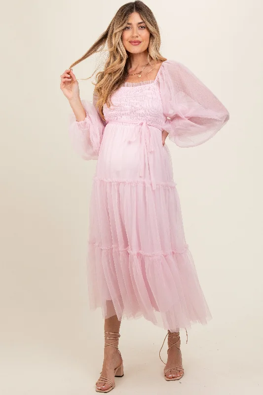 Women's floral dress spark chic -Pink Mesh Tiered Long Sleeve Maternity Maxi Dress