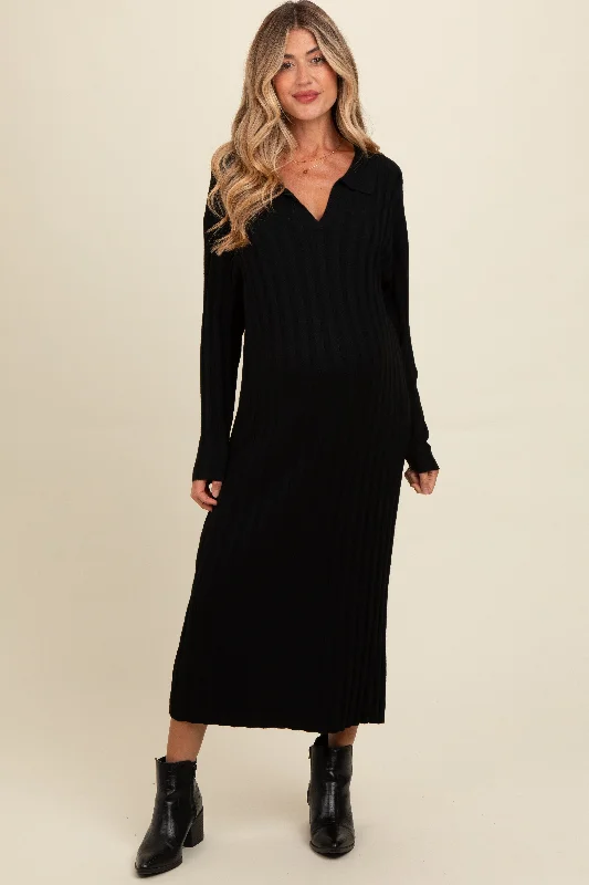 Women's midi dress ray pop -Black Ribbed Collared Maternity Midi Sweater Dress