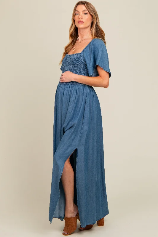 Women's floral dress foam bloom -Blue Chambray Smocked Maternity Maxi Dress