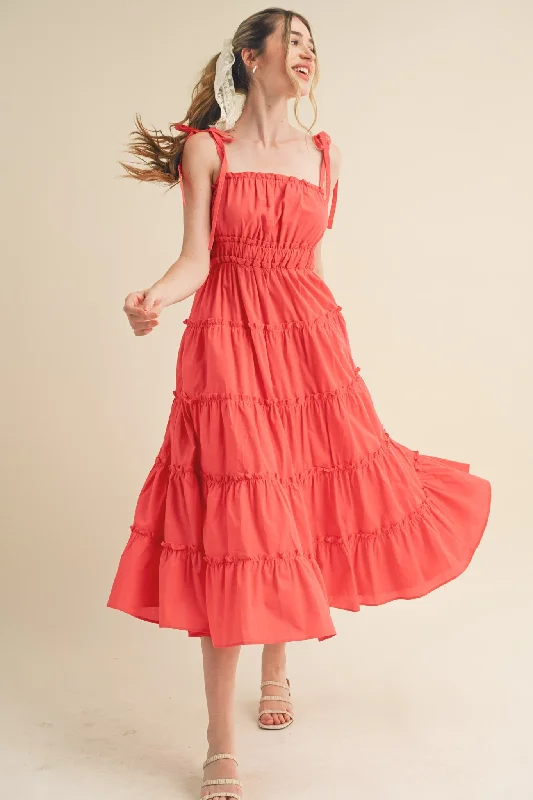 Women's midi dress cinch glow -Red Tiered Tie Strap Midi Dress