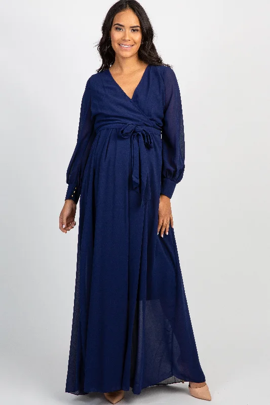 Women's floral dress feast bloom -Navy Chiffon Long Sleeve Pleated Maternity Maxi Dress