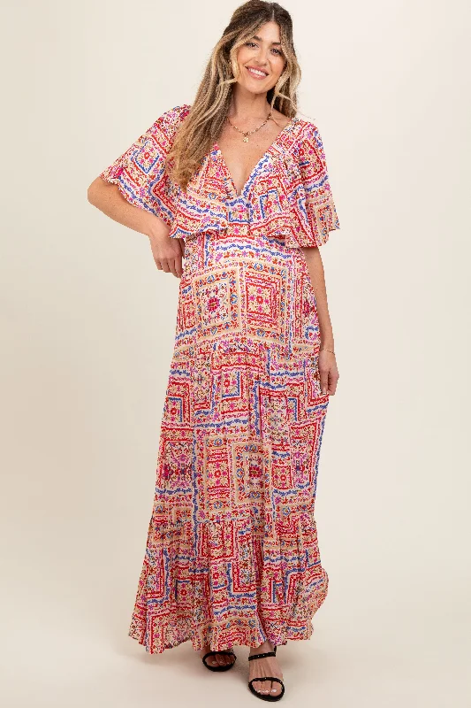 Women's floral dress bead flair -Multicolor Floral Deep V-Neck Tiered Maternity Maxi Dress