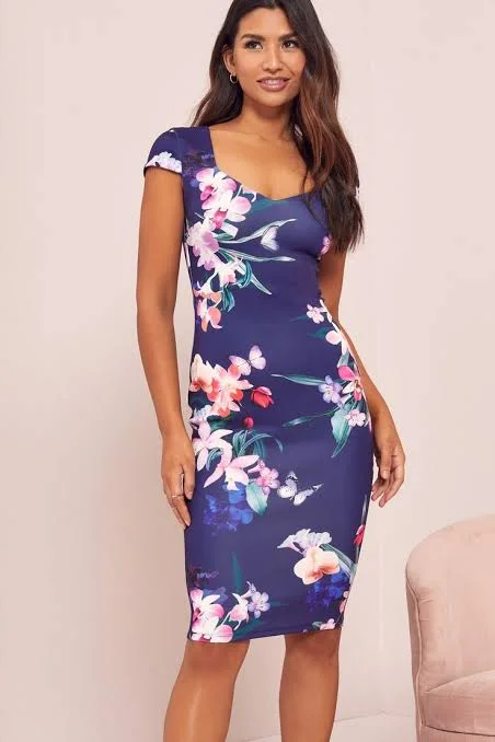 ladies-floral-dress-ash-allure-Cap Sleeve Sweetheart Floral Print Dress Navy