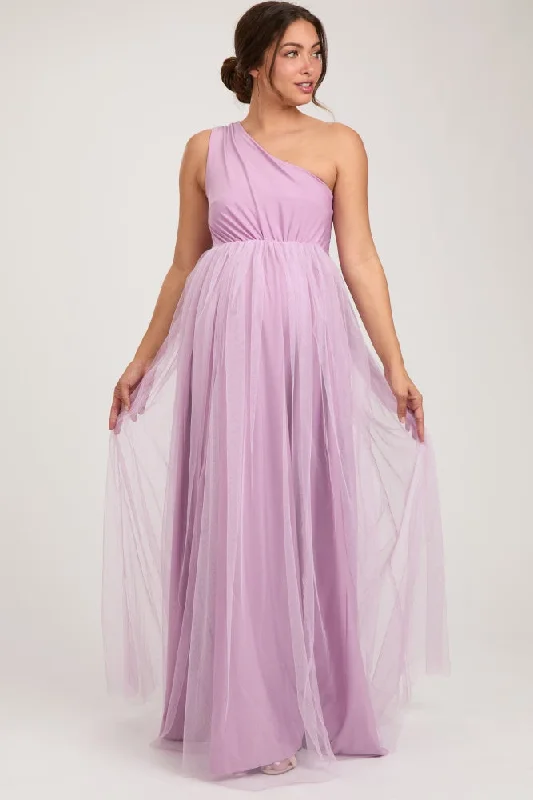 Women's floral dress bare chic -Lavender One Shoulder Tulle Maternity Maxi Dress