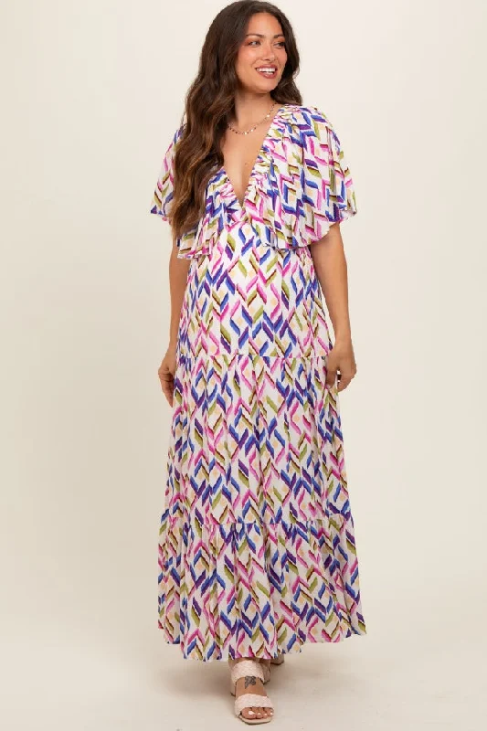 Women's floral dress core chic -Multicolor Printed Deep V-Neck Tiered Maternity Maxi Dress