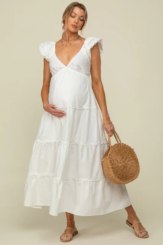 Women's floral dress sea flair -White Ruffle Trim Maternity Maxi Dress