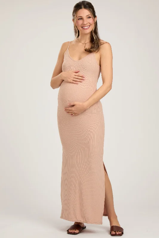 Women's floral dress leaf pop -Beige Ribbed Side Slit Maternity Maxi Dress