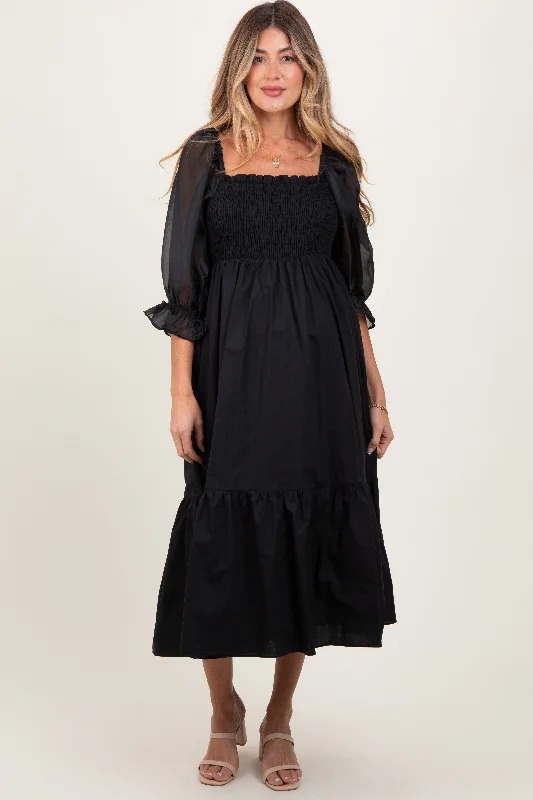 Women's midi dress desk flair -Black Chiffon Smocked Puff Sleeve Maternity Midi Dress