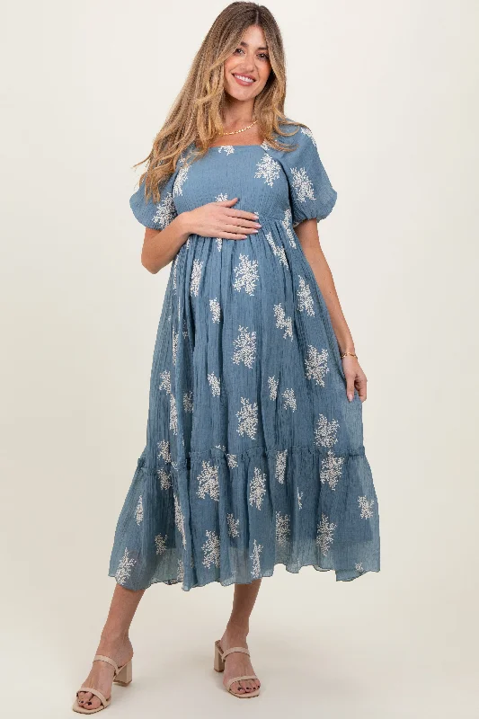 Women's midi dress frill pop -Blue Floral Print Ruffle Hem Maternity Midi Dress