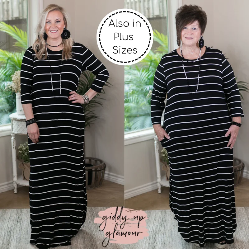 Women's floral dress pinch flair -Last Chance Size Small & Medium | Set The Tone Stripe Maxi Dress with Pockets in Black