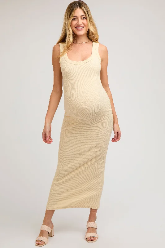 Women's floral dress petal chic -Cream Rib Knit Maternity Maxi Dress