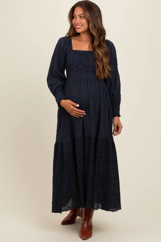 Women's floral dress tiny pop -Navy Blue Smocked Eyelet Lace Hem Maternity Maxi Dress