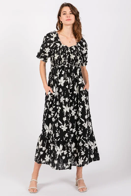 Women's midi dress knot glow -Black Floral Puff Sleeve Midi Dress