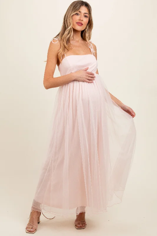 Women's floral dress now chic -Light Pink Square Neck Shoulder Tie Tulle Maternity Maxi Dress