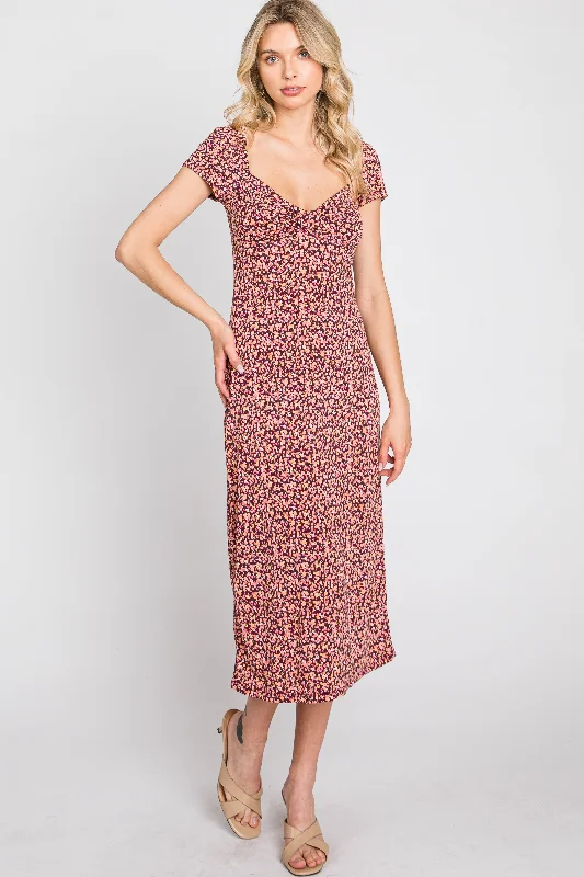 Women's midi dress era pop -Mauve Floral Sweetheart Midi Dress