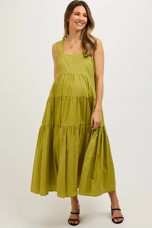 Women's floral dress break glow -Lime Tiered Maternity Maxi Dress