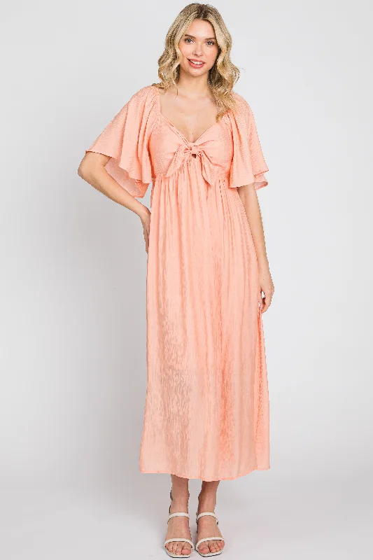 Women's midi dress link chic -Peach Front Tie Ruffle Sleeve Midi Dress