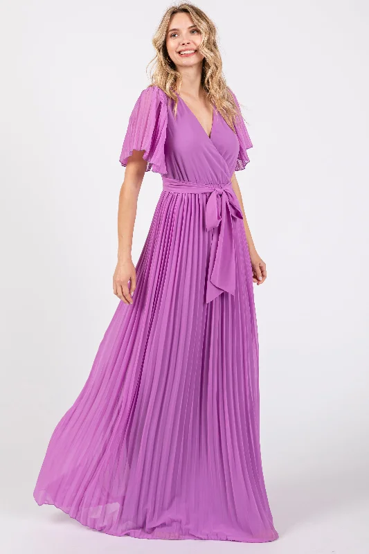 Women's floral dress sun chic -Lavender Chiffon Wrap Front V-Neck Short Sleeve Pleated Maxi Dress