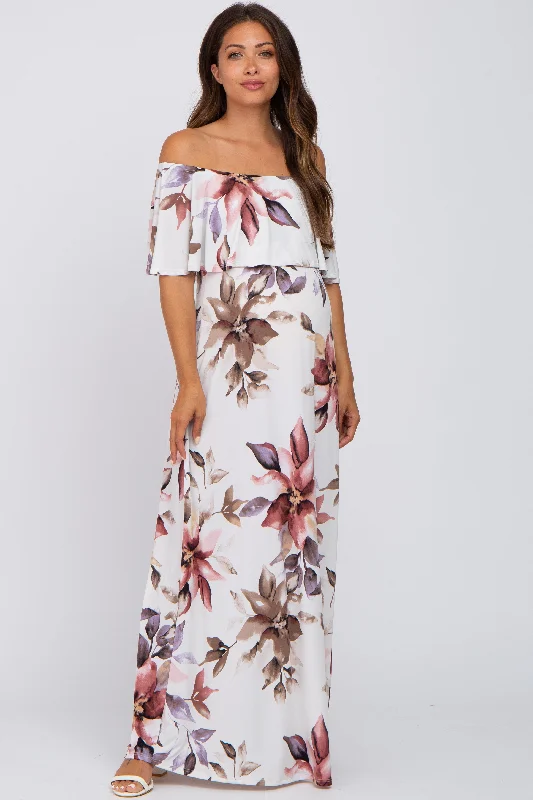 Women's floral dress ice bloom -Ivory Floral Off Shoulder Maternity Maxi Dress