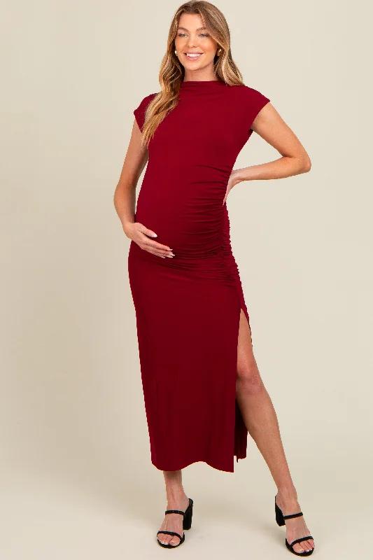 Women's midi dress sprout flair -Burgundy Ruched Mock Neck Maternity Slit Midi Dress