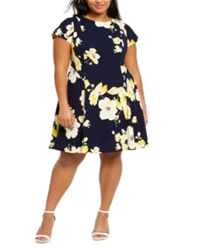 ladies-floral-dress-dark-dawn-Jessica Howard Women's Plus Floral Print a Line Dress Navy Size 14W | Blue