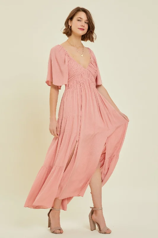 Women's floral dress wide glow -Rose Smocked Gauze Tiered Ruffle Maxi Dress