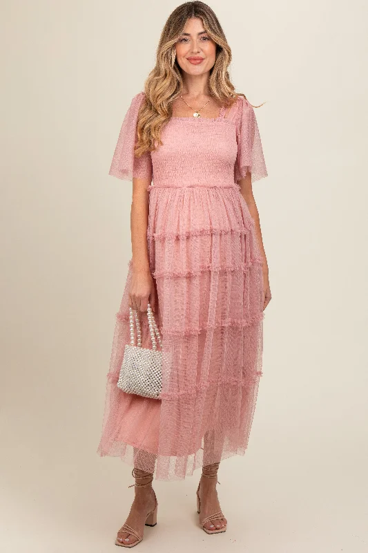 Women's floral dress trail bloom -Pink Ruffled Mesh Maternity Maxi Dress