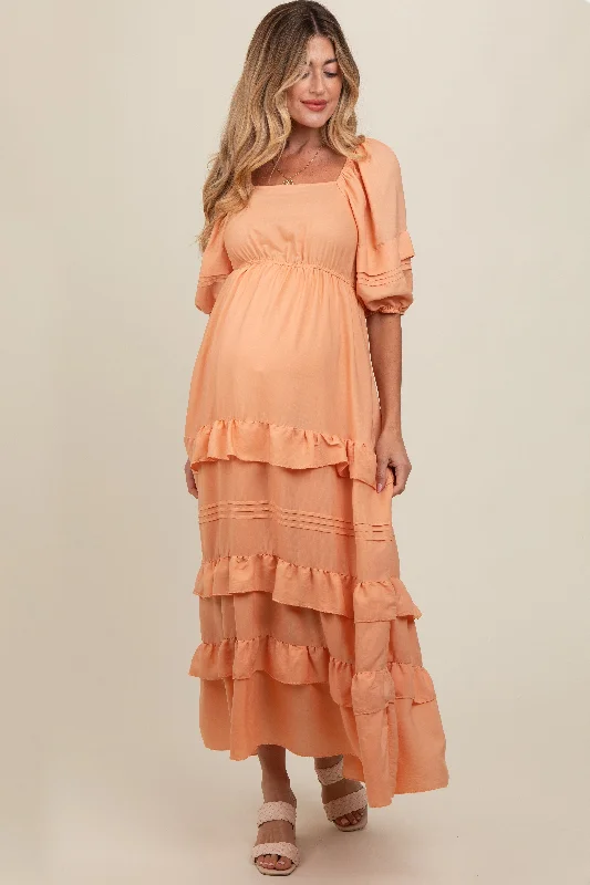 Women's floral dress sew chic -Peach Ruffle Tiered Maternity Maxi Dress