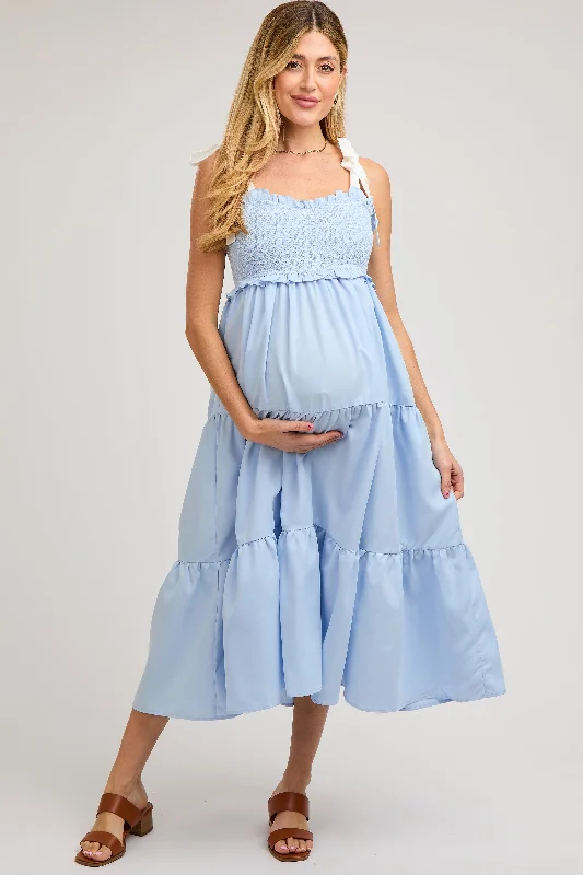 Women's floral dress dash glow -Light Blue Sleeveless Tiered Colorblock Strap Maternity Maxi Dress