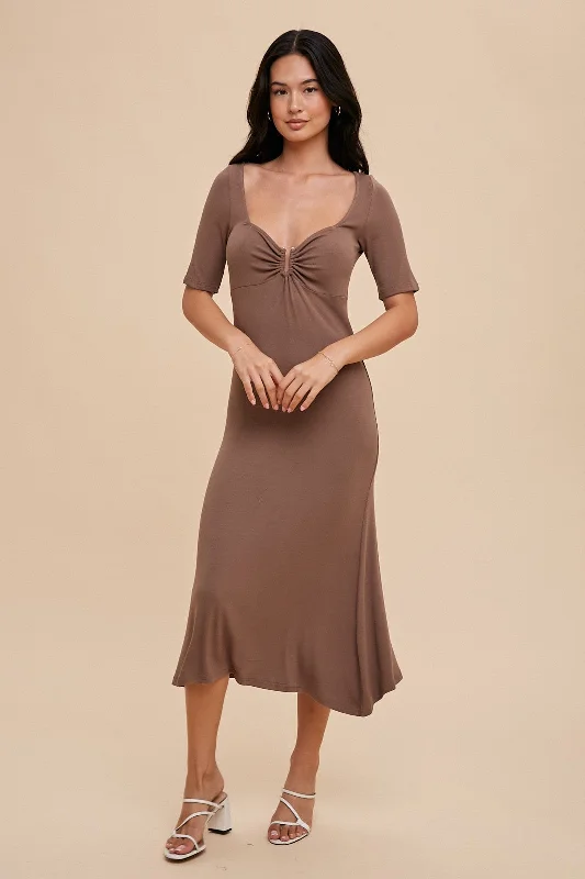 Women's midi dress wave flair -Mocha U Notched Midi Dress