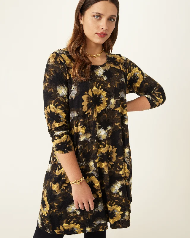 ladies-floral-dress-zip-front-zinnia-Yvonne Floral Print Dress | Black / Yellow