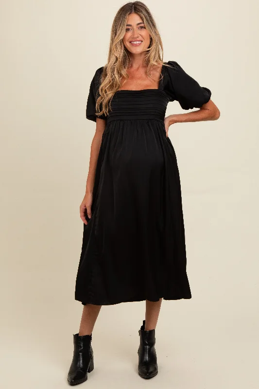 Women's midi dress rush chic -Black Satin Pleated Bodice Puff Sleeve Maternity Midi Dress