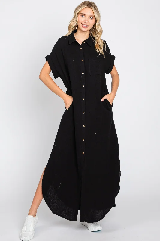 Women's midi dress sway chic -Black Button Down Midi Dress