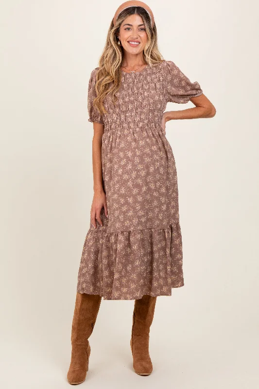 Women's midi dress sleek glow -Mocha Floral Puff Sleeve Smocked Maternity Midi Dress