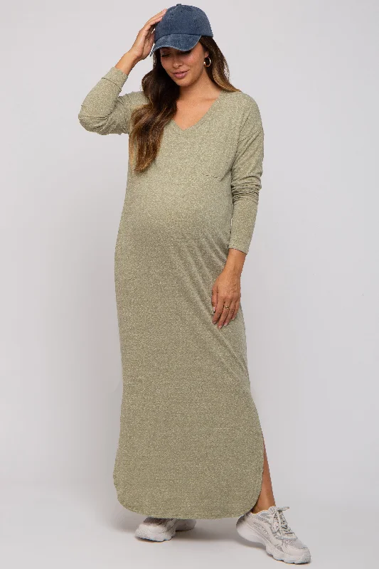 Women's floral dress snap bloom -Light Olive Heathered Pocketed Long Sleeve Maternity Maxi Dress