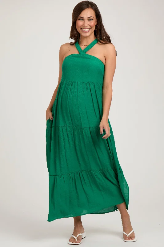 Women's floral dress web glow -Emerald Halter Tiered Maternity Maxi Dress