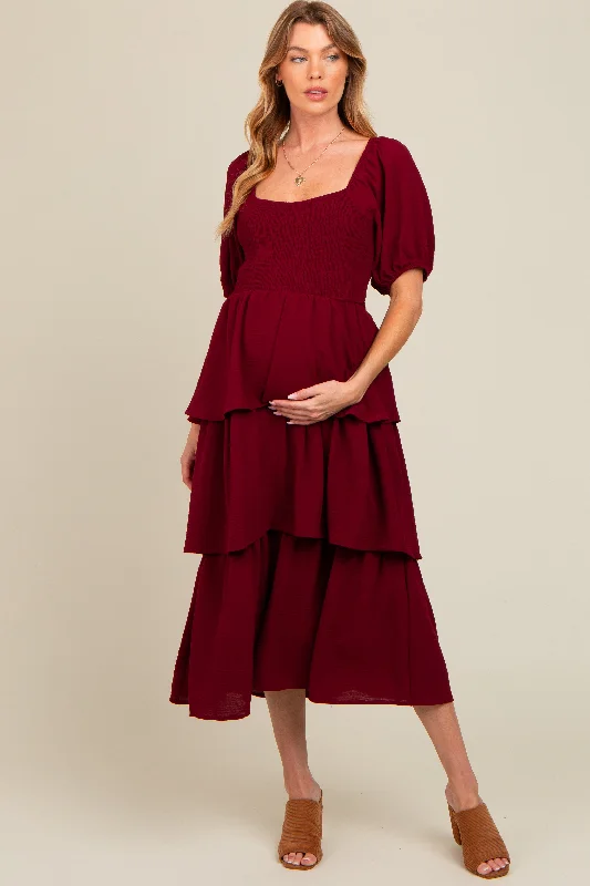 Women's midi dress dot pop -Burgundy Smocked Body Ruffled Tiered Maternity Midi Dress