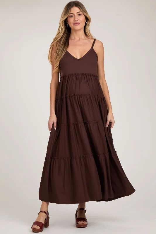 Women's floral dress lax glow -Brown Tiered Sleeveless Maternity Maxi Dress