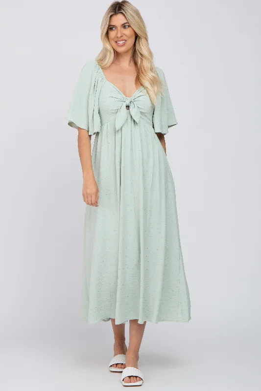 Women's midi dress beat flair -Mint Green Textured Dot Front Tie Ruffle Sleeve Midi Dress