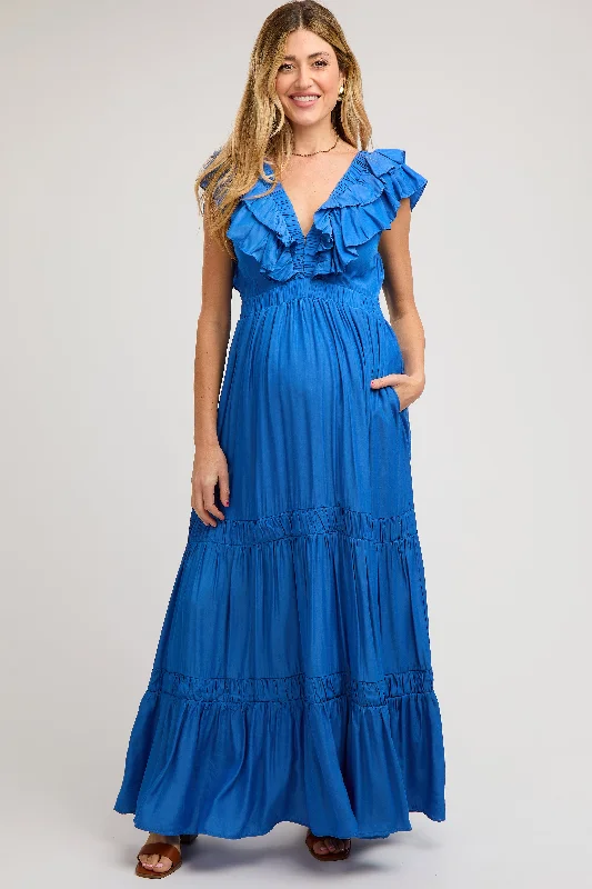 Women's floral dress wrap pop -Blue Layered Ruffle Tiered Maternity Maxi Dress