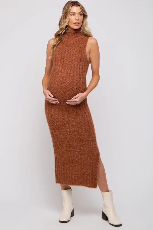 Women's midi dress yes flair -Camel Fuzzy Knit Sleeveless Turtle Neck Maternity Midi Dress