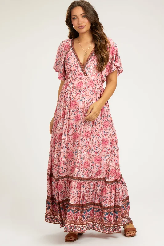 Women's floral dress neat pop -Pink Floral Flounce Sleeve Maternity Maxi Dress