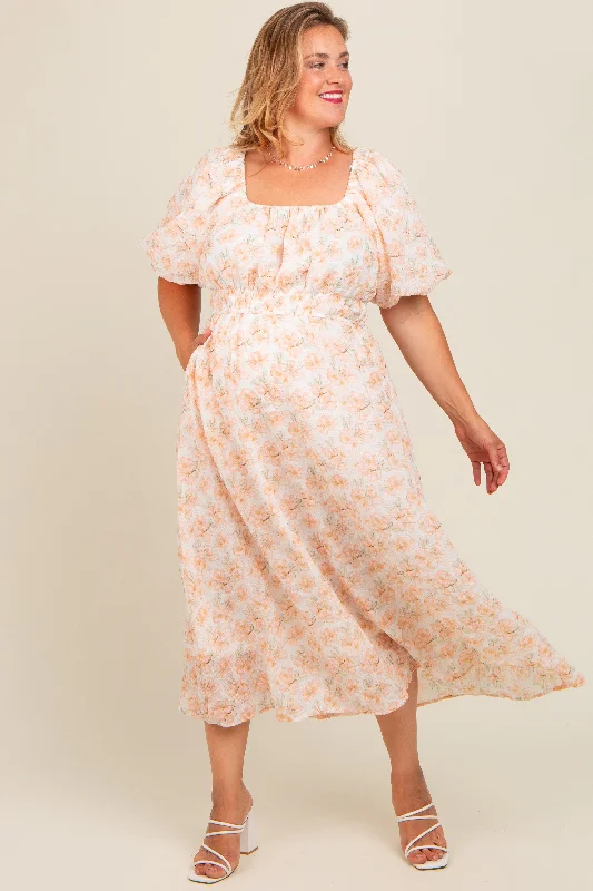 Women's midi dress fresh pop -Peach Floral Puff Sleeve Maternity Plus Midi Dress