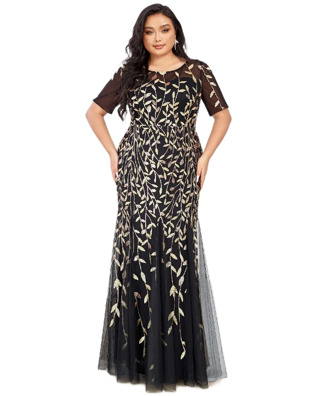 ladies-floral-dress-flirty-fawn-Floral Sequin Mermaid Tulle Evening Dress | Black & Gold