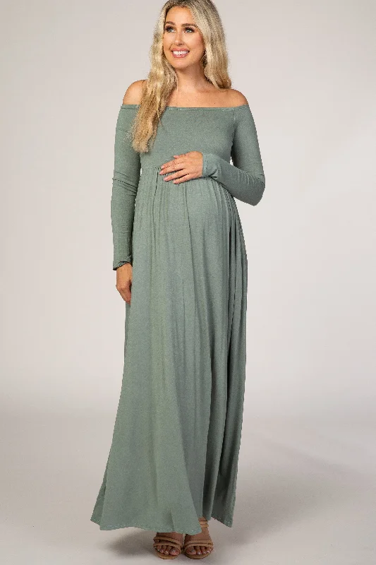 Women's floral dress buzz chic -Sage Off Shoulder Long Sleeve Maternity Maxi Dress