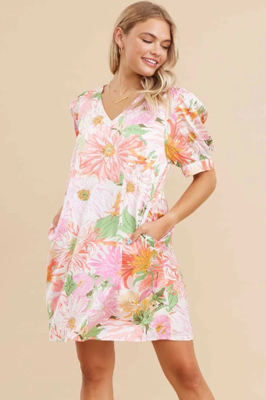 ladies-floral-dress-rose-ripple-Satin Floral Print V-neck Dress