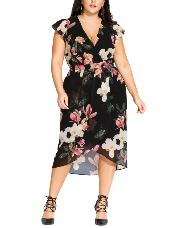 ladies-floral-dress-beach-bliss-City Chic Women's Plus Floral Faux Wrap Dress Black Size 20W | Black