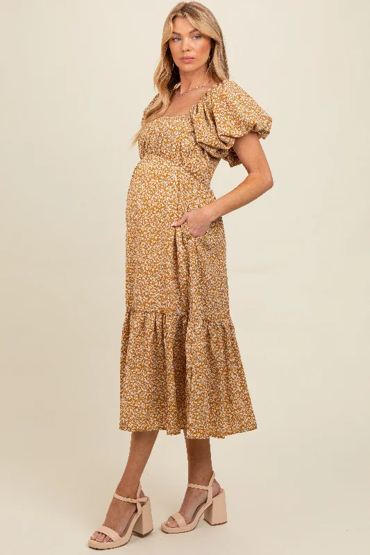 Women's midi dress multi chic -Yellow Floral Puffed Sleeve Maternity Midi Dress