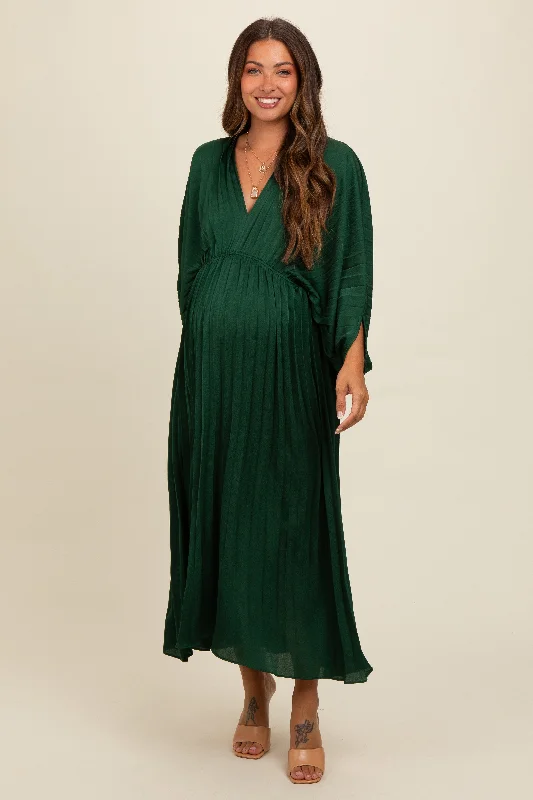 Women's floral dress clean flair -Forest Green Satin Pleated V-Neck Maternity Maxi Dress